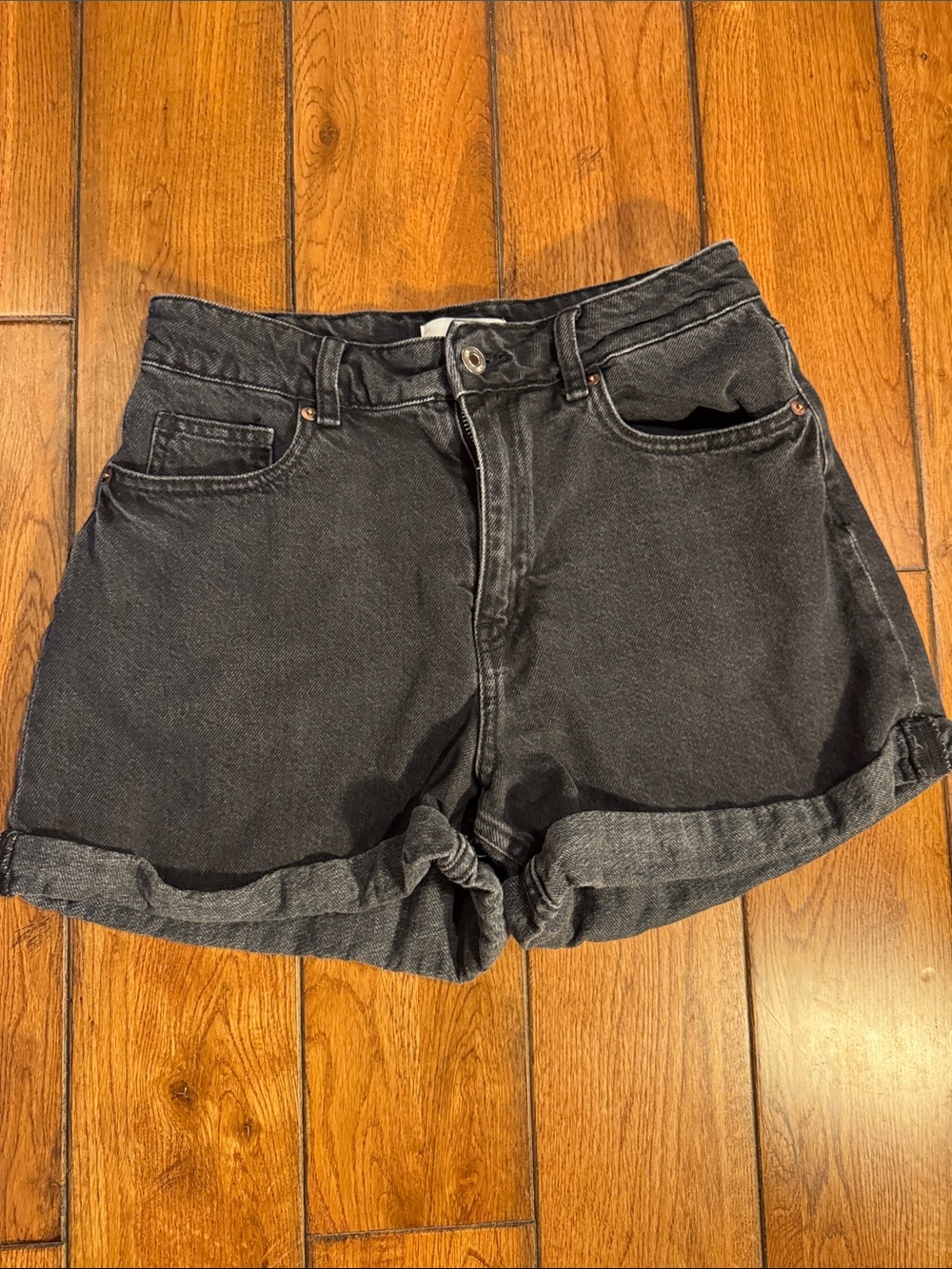 Black High-Rise Rolled Hem Denim Shorts